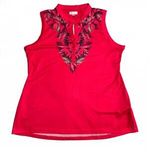 Greg Norman Women's Sleeveless Red Golf Top with Tropical Print